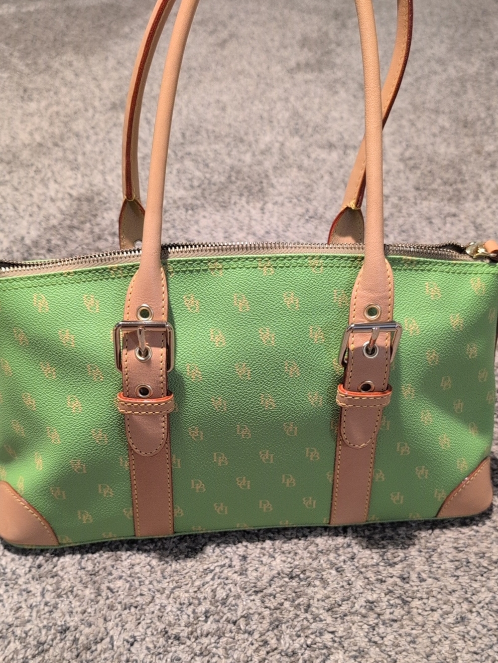 Dooney And Bourke Green Monogram Satchel Handbag with Tan Trim - Picture 3 of 10
